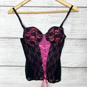 Y2K Native Intimates Hot Pink & Black Lace Bustier Corset Top Size 34B